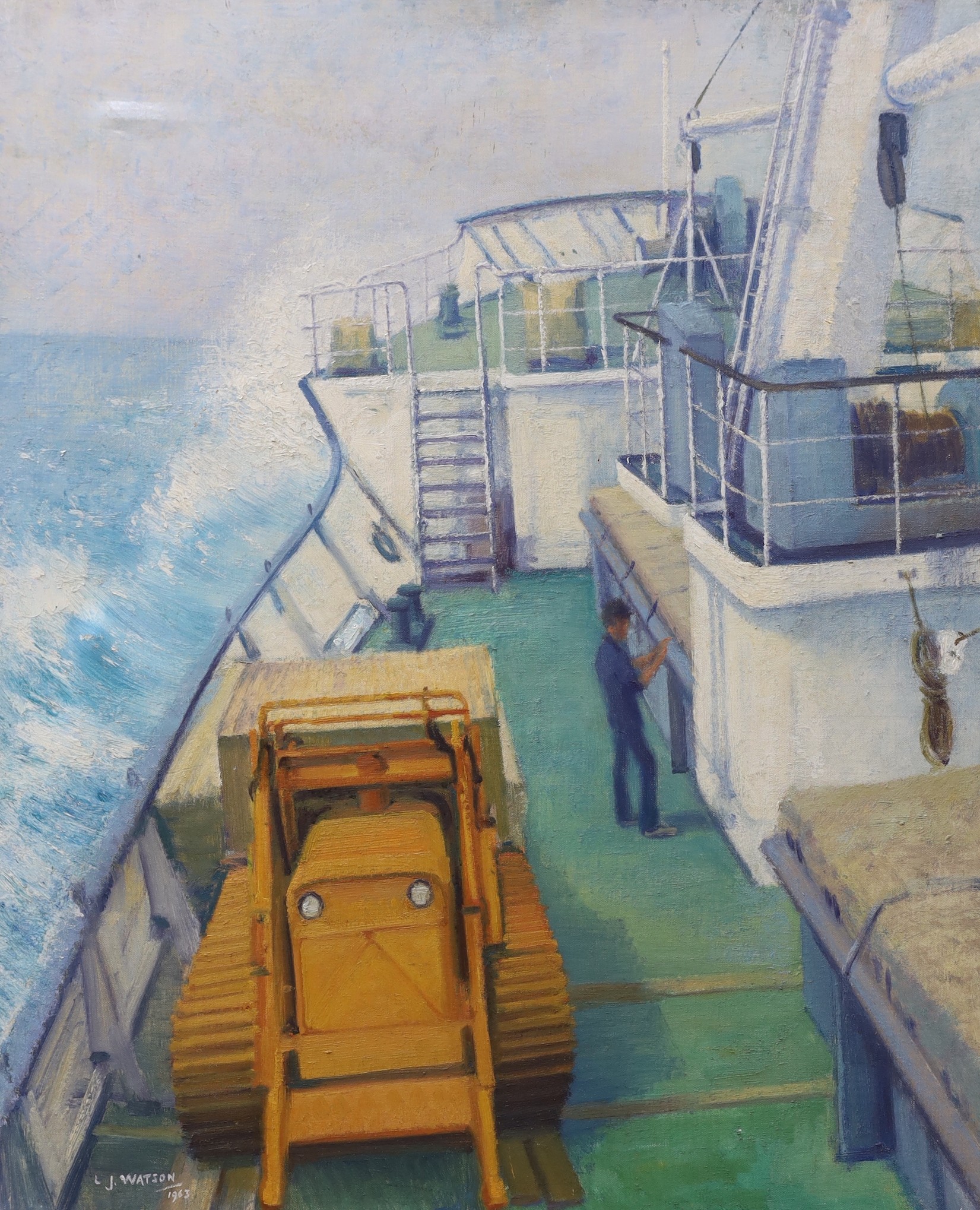 Leslie Joseph Watson (b.1906), Deck of a merchant ship, signed and dated 1963, 60 x 51cm, unframed